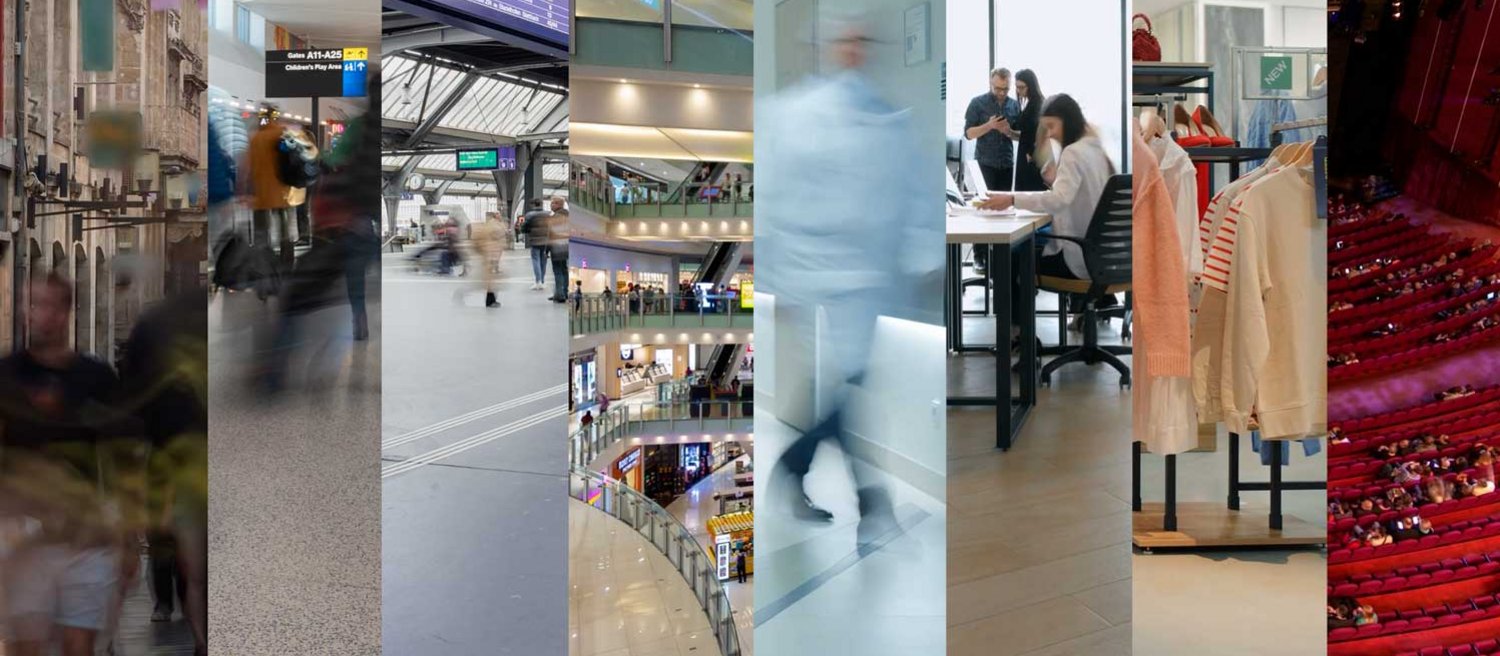 Collage of crowded public spaces: airport, mall, office, retail, and theater environments