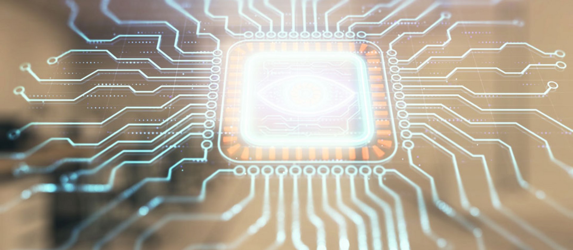 Xovis AI processor concept with microchip and radiating circuits.