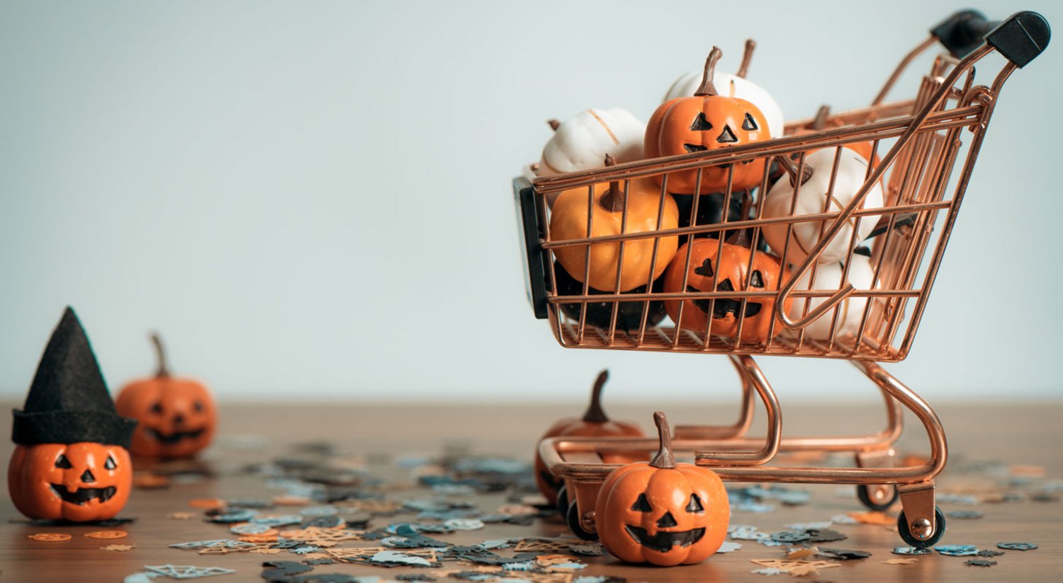 Halloween queuing solution: decorated store with queue management.