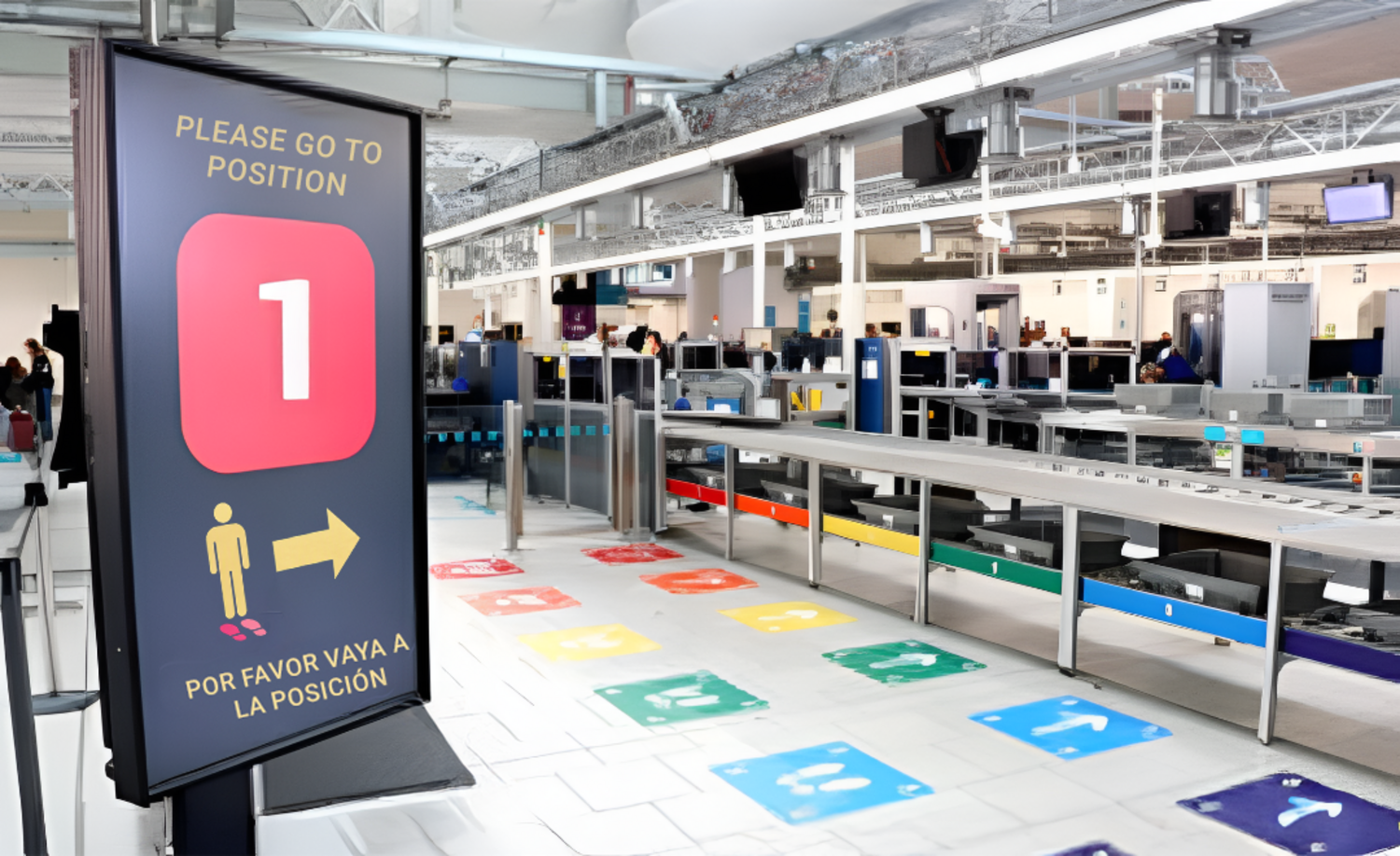 Airport security screening area with numbered queue guidance signage