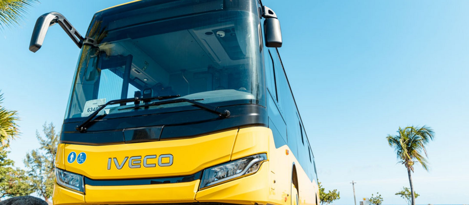 Yellow Iveco bus parked near beach with palm trees and clear sky