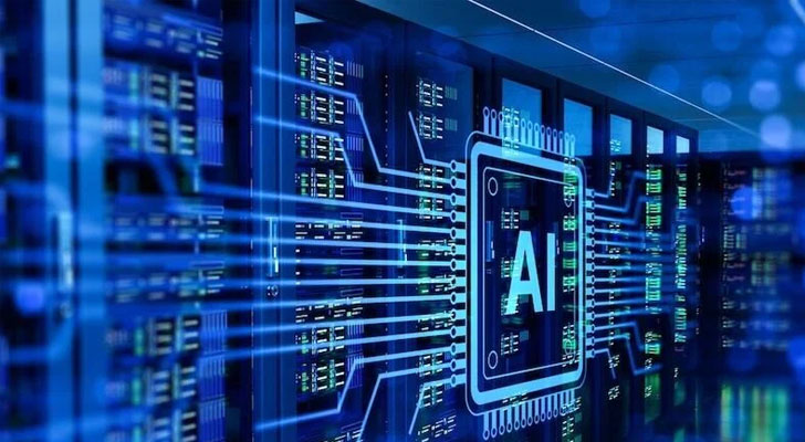 Artificial intelligence microchip embedded within a glowing server network