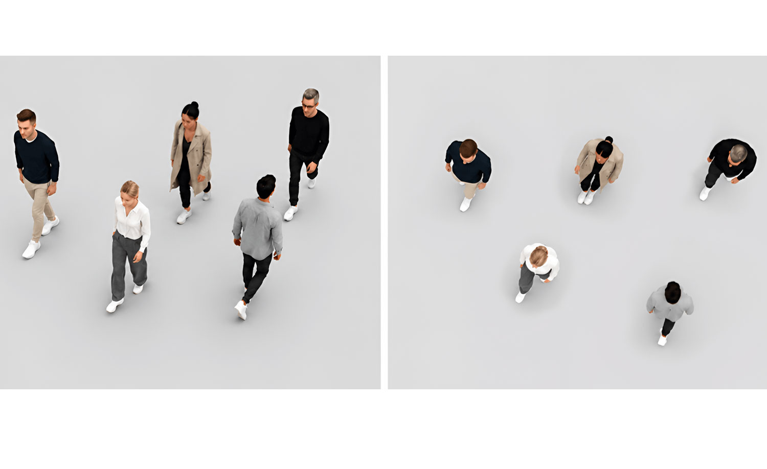 Top-down and angled views of people walking across open space