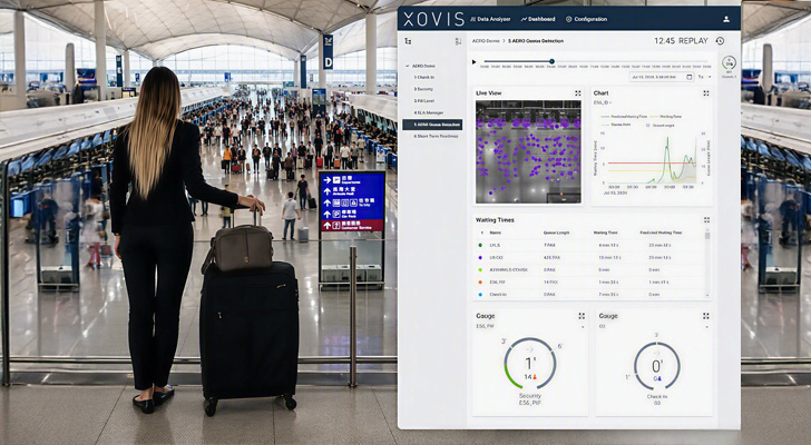 Airport passenger flow analytics dashboard alongside busy terminal concourse